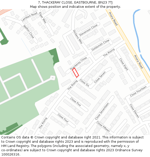 7, THACKERAY CLOSE, EASTBOURNE, BN23 7TJ: Location map and indicative extent of plot