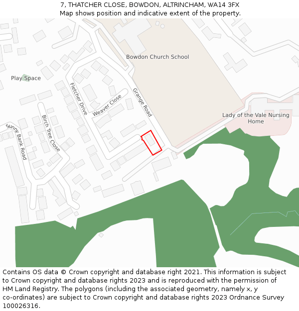 7, THATCHER CLOSE, BOWDON, ALTRINCHAM, WA14 3FX: Location map and indicative extent of plot