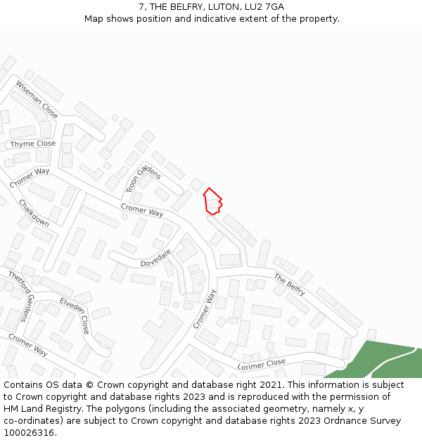 7, THE BELFRY, LUTON, LU2 7GA: Location map and indicative extent of plot