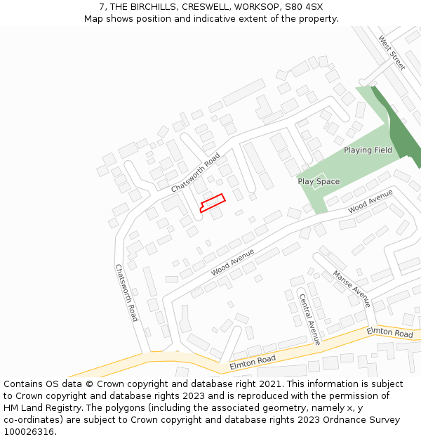 7, THE BIRCHILLS, CRESWELL, WORKSOP, S80 4SX: Location map and indicative extent of plot