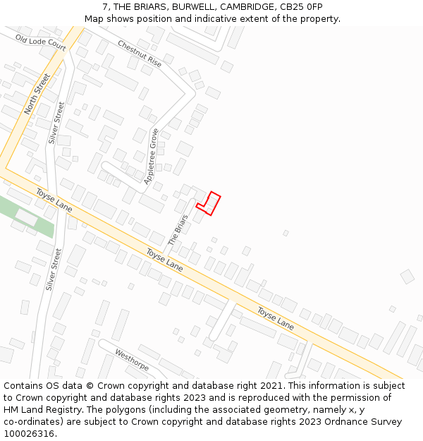 7, THE BRIARS, BURWELL, CAMBRIDGE, CB25 0FP: Location map and indicative extent of plot