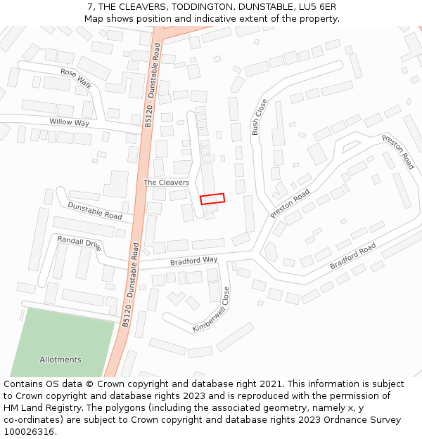 7, THE CLEAVERS, TODDINGTON, DUNSTABLE, LU5 6ER: Location map and indicative extent of plot