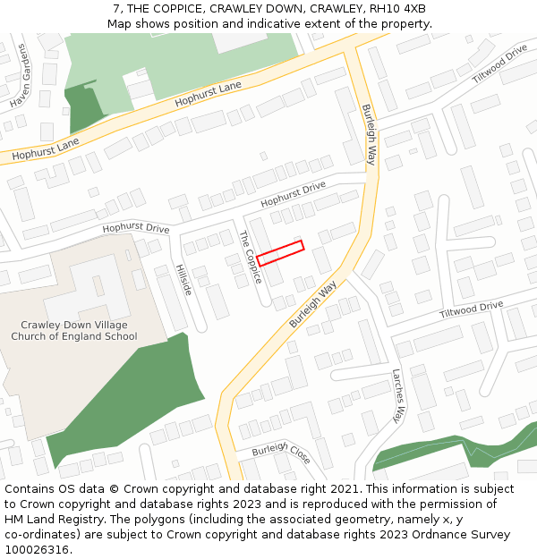 7, THE COPPICE, CRAWLEY DOWN, CRAWLEY, RH10 4XB: Location map and indicative extent of plot