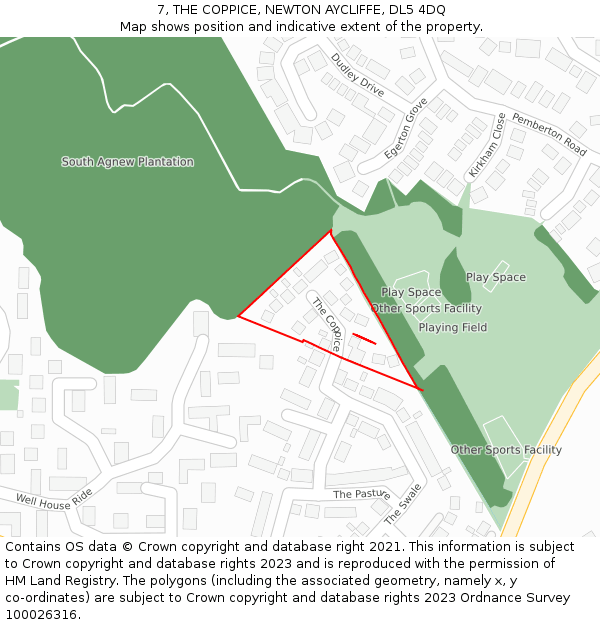 7, THE COPPICE, NEWTON AYCLIFFE, DL5 4DQ: Location map and indicative extent of plot