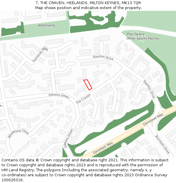 7, THE CRAVEN, HEELANDS, MILTON KEYNES, MK13 7QR: Location map and indicative extent of plot