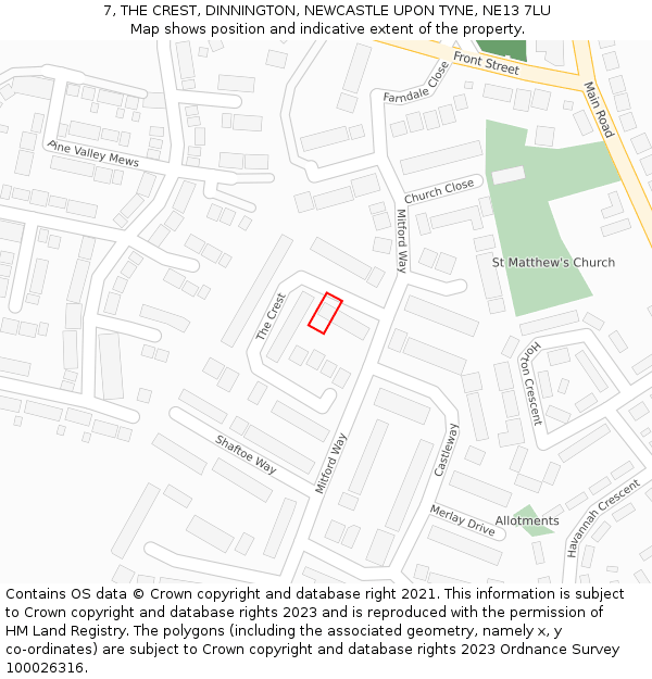 7, THE CREST, DINNINGTON, NEWCASTLE UPON TYNE, NE13 7LU: Location map and indicative extent of plot