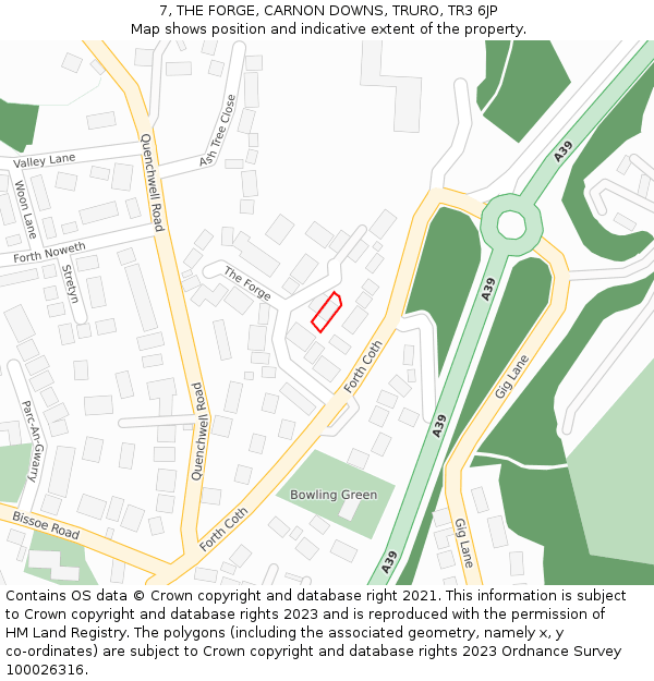 7, THE FORGE, CARNON DOWNS, TRURO, TR3 6JP: Location map and indicative extent of plot