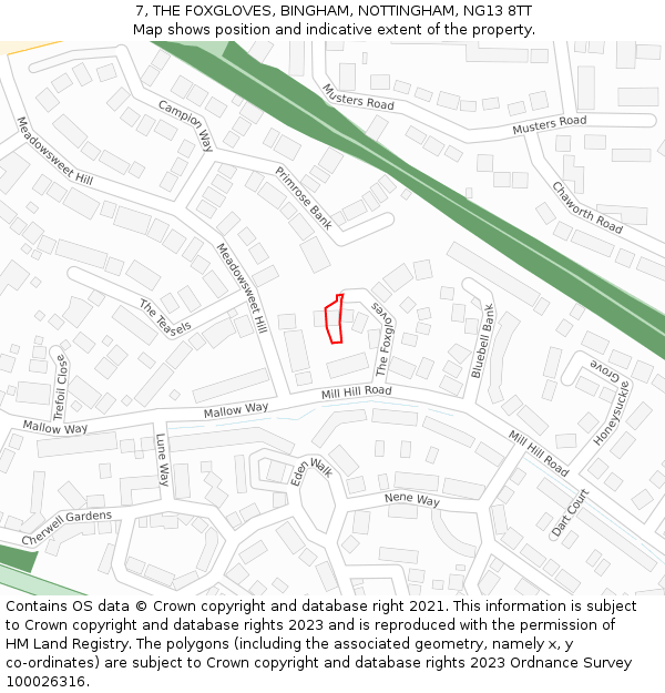 7, THE FOXGLOVES, BINGHAM, NOTTINGHAM, NG13 8TT: Location map and indicative extent of plot