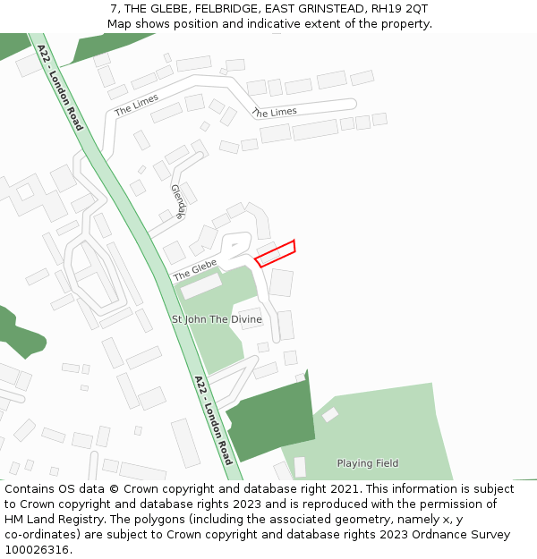 7, THE GLEBE, FELBRIDGE, EAST GRINSTEAD, RH19 2QT: Location map and indicative extent of plot