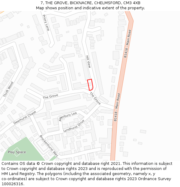 7, THE GROVE, BICKNACRE, CHELMSFORD, CM3 4XB: Location map and indicative extent of plot