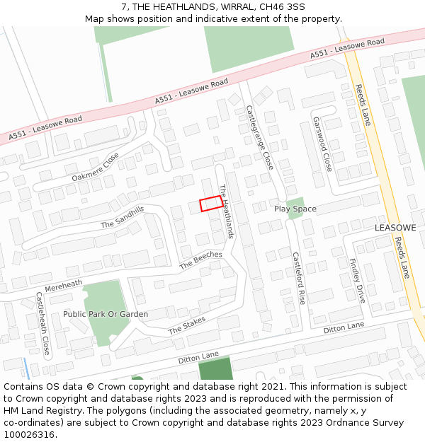 7, THE HEATHLANDS, WIRRAL, CH46 3SS: Location map and indicative extent of plot
