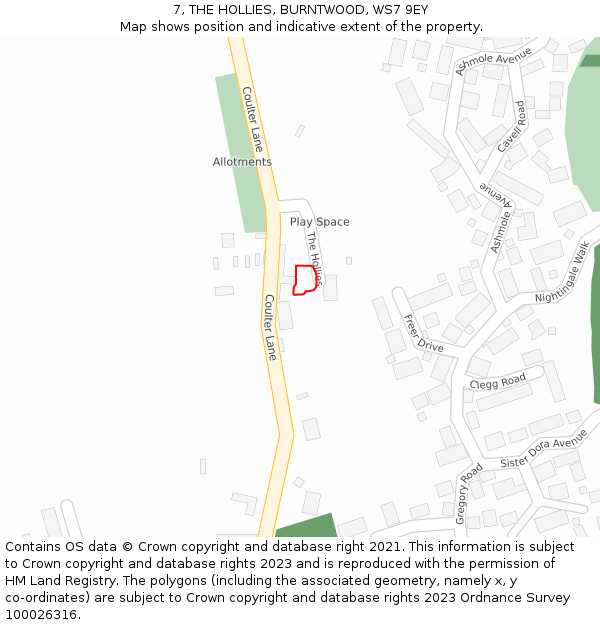 7, THE HOLLIES, BURNTWOOD, WS7 9EY: Location map and indicative extent of plot