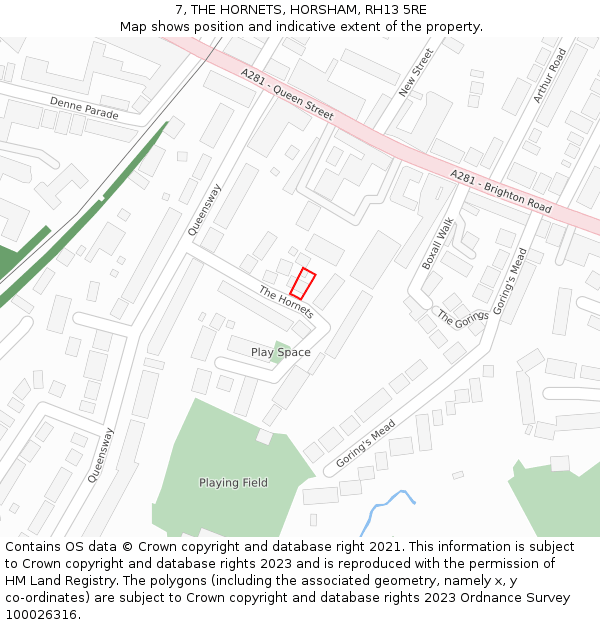 7, THE HORNETS, HORSHAM, RH13 5RE: Location map and indicative extent of plot