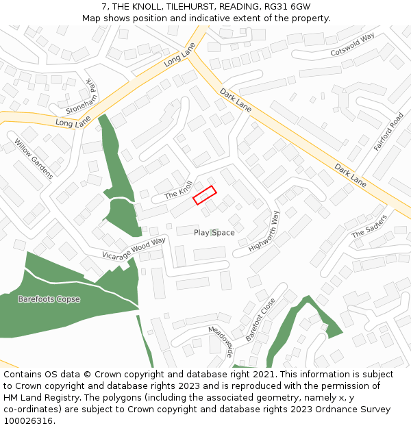 7, THE KNOLL, TILEHURST, READING, RG31 6GW: Location map and indicative extent of plot