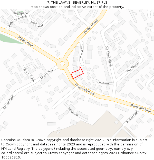 7, THE LAWNS, BEVERLEY, HU17 7LS: Location map and indicative extent of plot