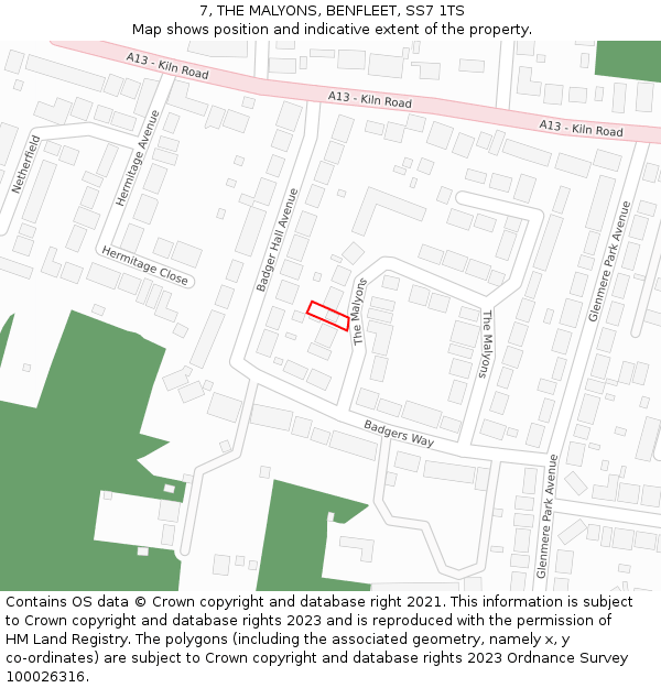 7, THE MALYONS, BENFLEET, SS7 1TS: Location map and indicative extent of plot