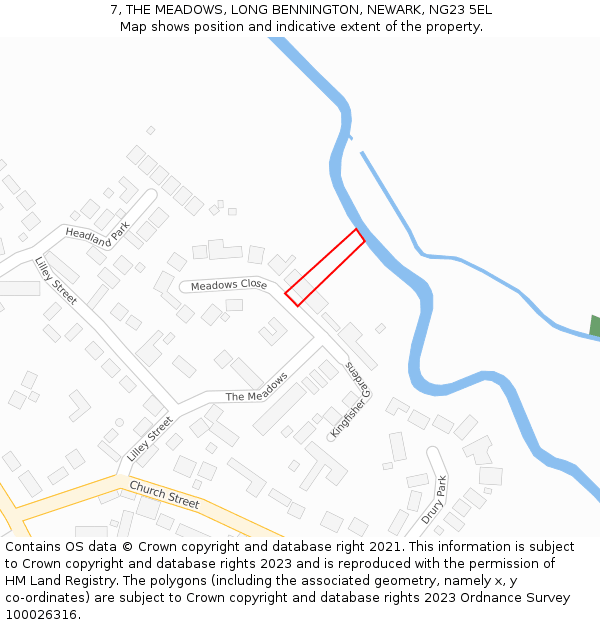 7, THE MEADOWS, LONG BENNINGTON, NEWARK, NG23 5EL: Location map and indicative extent of plot