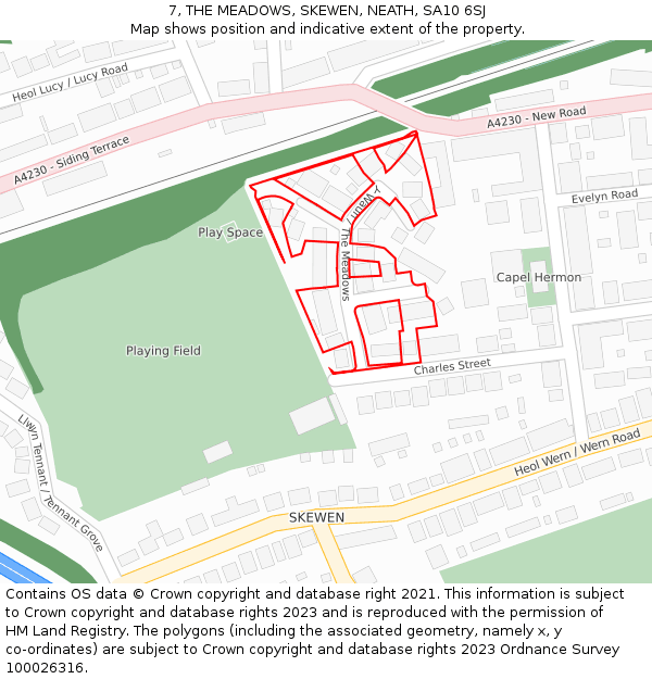 7, THE MEADOWS, SKEWEN, NEATH, SA10 6SJ: Location map and indicative extent of plot