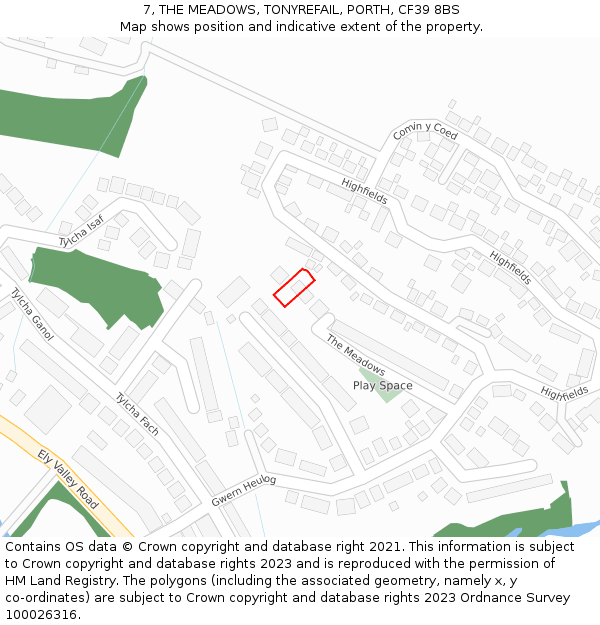 7, THE MEADOWS, TONYREFAIL, PORTH, CF39 8BS: Location map and indicative extent of plot