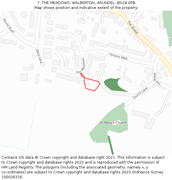 7, THE MEADOWS, WALBERTON, ARUNDEL, BN18 0PB: Location map and indicative extent of plot