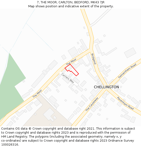 7, THE MOOR, CARLTON, BEDFORD, MK43 7JR: Location map and indicative extent of plot