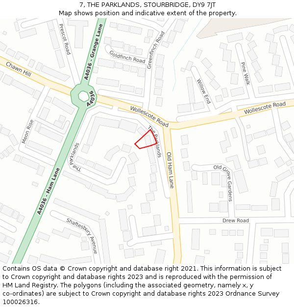 7, THE PARKLANDS, STOURBRIDGE, DY9 7JT: Location map and indicative extent of plot