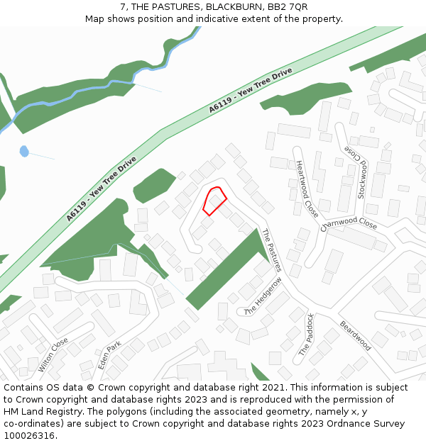 7, THE PASTURES, BLACKBURN, BB2 7QR: Location map and indicative extent of plot