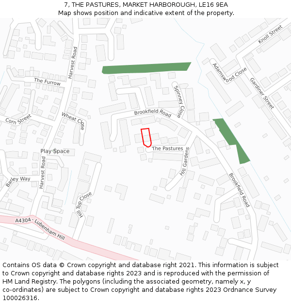 7, THE PASTURES, MARKET HARBOROUGH, LE16 9EA: Location map and indicative extent of plot
