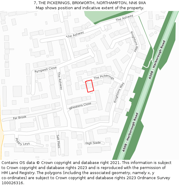 7, THE PICKERINGS, BRIXWORTH, NORTHAMPTON, NN6 9XA: Location map and indicative extent of plot