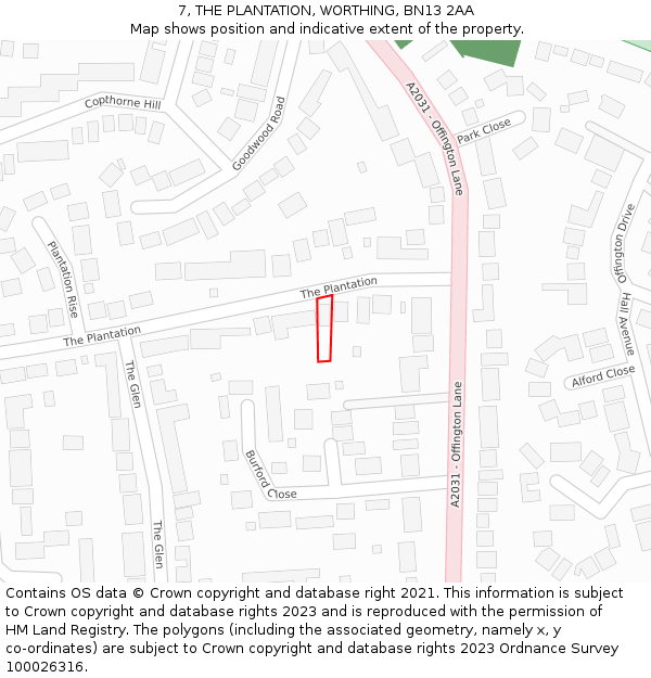 7, THE PLANTATION, WORTHING, BN13 2AA: Location map and indicative extent of plot