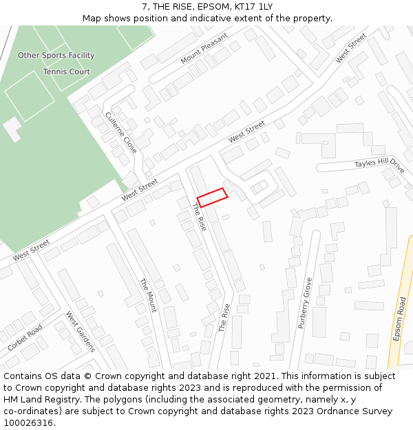 7, THE RISE, EPSOM, KT17 1LY: Location map and indicative extent of plot