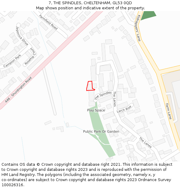 7, THE SPINDLES, CHELTENHAM, GL53 0QD: Location map and indicative extent of plot