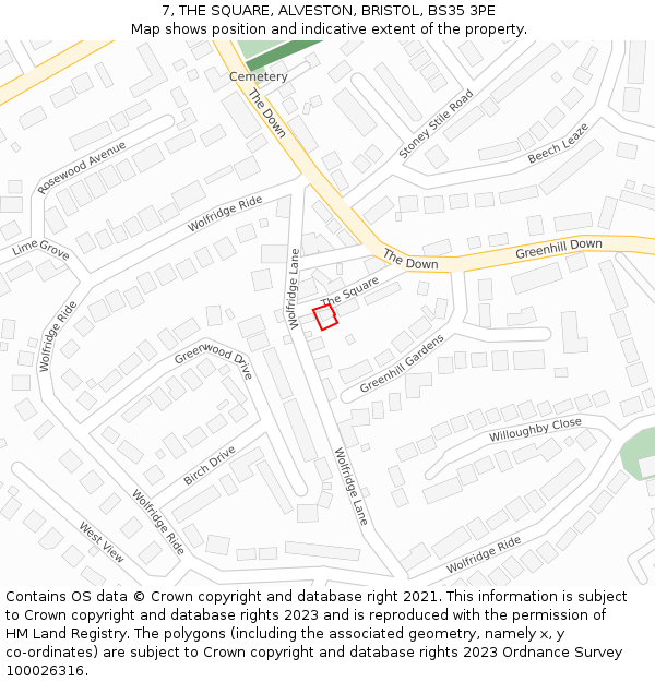 7, THE SQUARE, ALVESTON, BRISTOL, BS35 3PE: Location map and indicative extent of plot