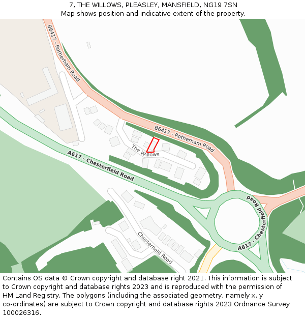 7, THE WILLOWS, PLEASLEY, MANSFIELD, NG19 7SN: Location map and indicative extent of plot