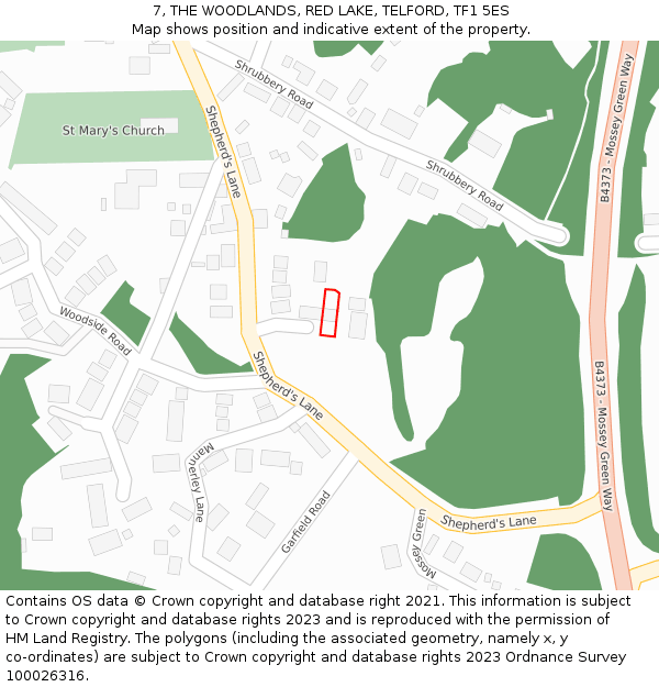 7, THE WOODLANDS, RED LAKE, TELFORD, TF1 5ES: Location map and indicative extent of plot