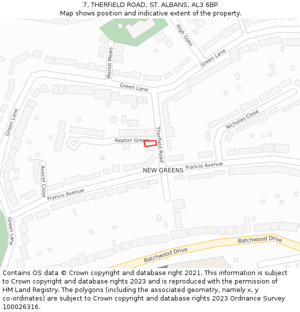 7, THERFIELD ROAD, ST. ALBANS, AL3 6BP: Location map and indicative extent of plot