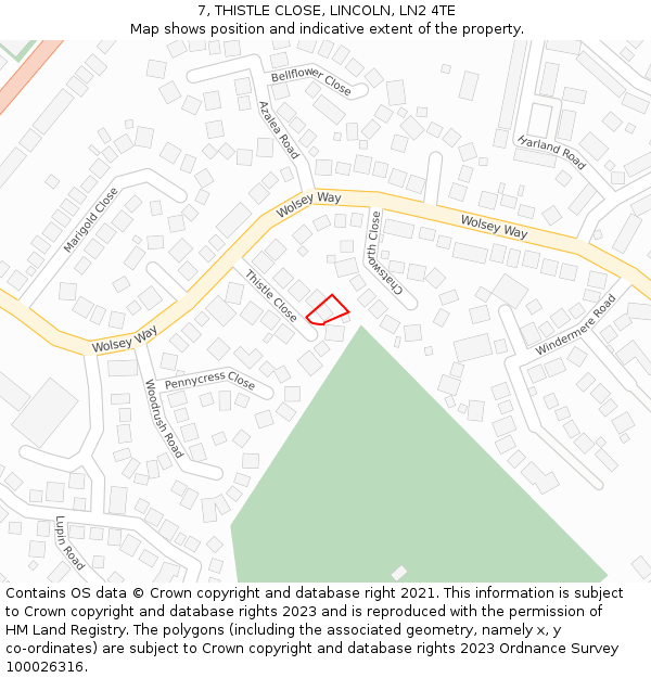 7, THISTLE CLOSE, LINCOLN, LN2 4TE: Location map and indicative extent of plot