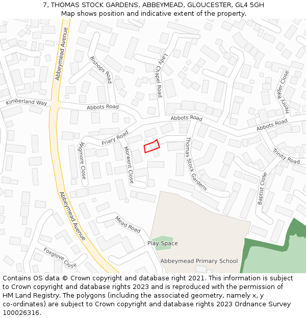 7, THOMAS STOCK GARDENS, ABBEYMEAD, GLOUCESTER, GL4 5GH: Location map and indicative extent of plot