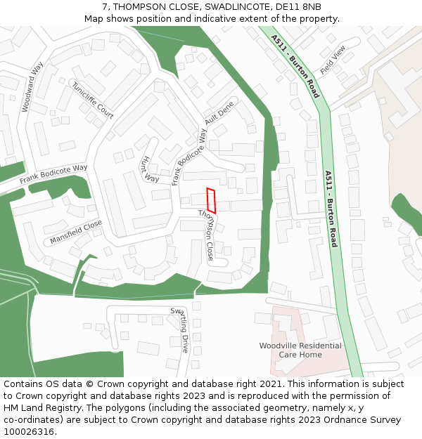 7, THOMPSON CLOSE, SWADLINCOTE, DE11 8NB: Location map and indicative extent of plot