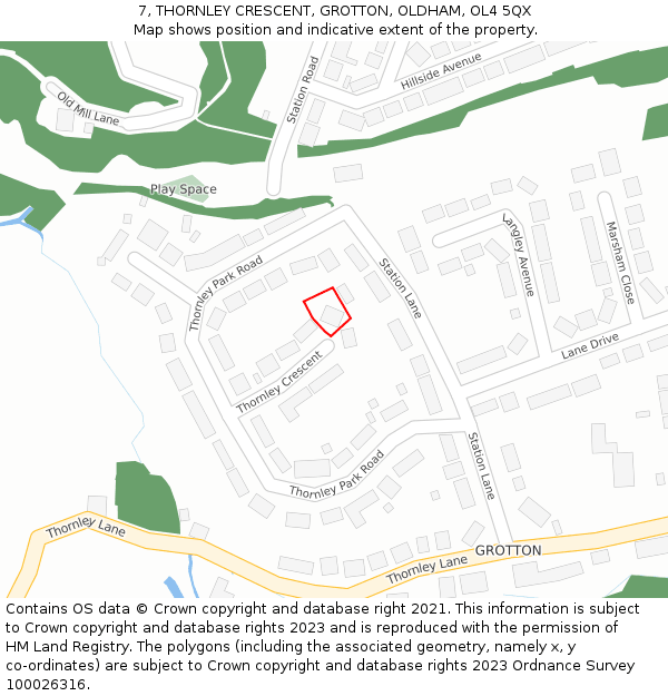 7, THORNLEY CRESCENT, GROTTON, OLDHAM, OL4 5QX: Location map and indicative extent of plot