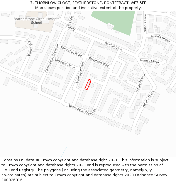 7, THORNLOW CLOSE, FEATHERSTONE, PONTEFRACT, WF7 5FE: Location map and indicative extent of plot