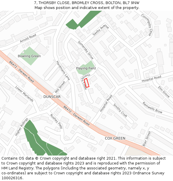 7, THORSBY CLOSE, BROMLEY CROSS, BOLTON, BL7 9NW: Location map and indicative extent of plot