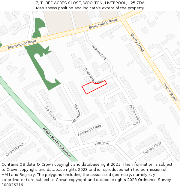 7, THREE ACRES CLOSE, WOOLTON, LIVERPOOL, L25 7DA: Location map and indicative extent of plot