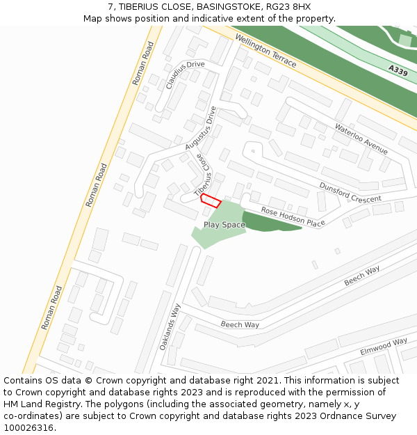 7, TIBERIUS CLOSE, BASINGSTOKE, RG23 8HX: Location map and indicative extent of plot