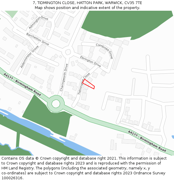 7, TIDMINGTON CLOSE, HATTON PARK, WARWICK, CV35 7TE: Location map and indicative extent of plot