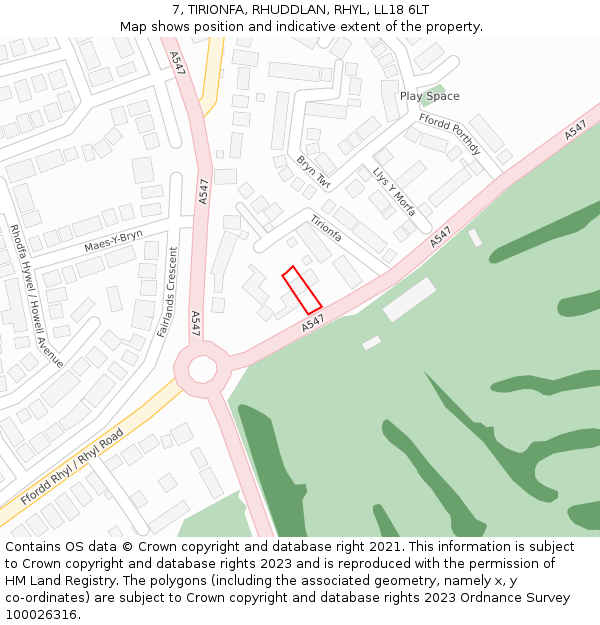 7, TIRIONFA, RHUDDLAN, RHYL, LL18 6LT: Location map and indicative extent of plot