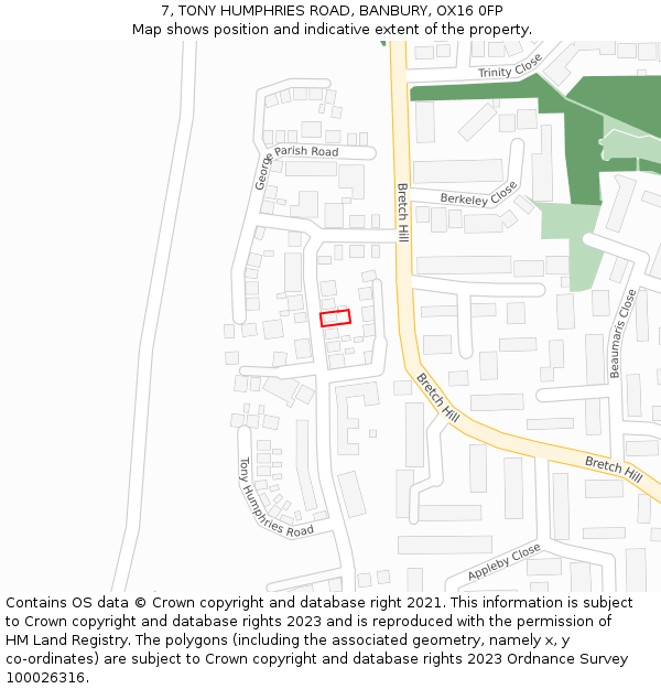 7, TONY HUMPHRIES ROAD, BANBURY, OX16 0FP: Location map and indicative extent of plot