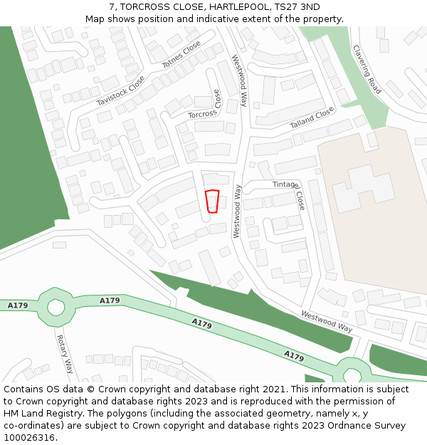 7, TORCROSS CLOSE, HARTLEPOOL, TS27 3ND: Location map and indicative extent of plot