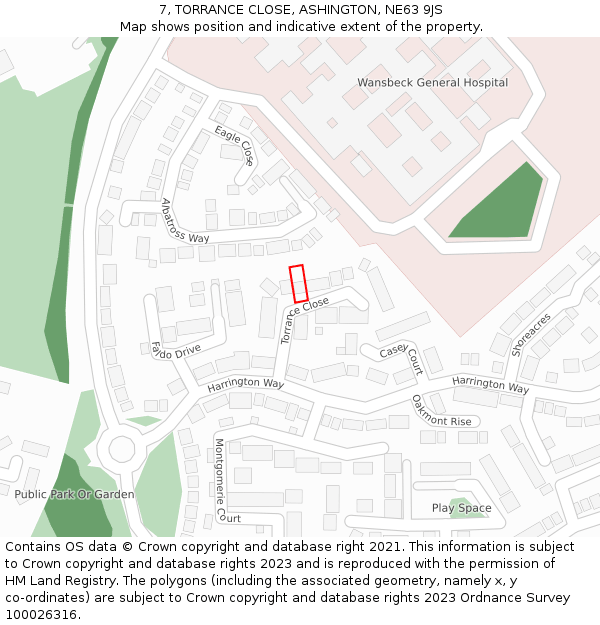 7, TORRANCE CLOSE, ASHINGTON, NE63 9JS: Location map and indicative extent of plot