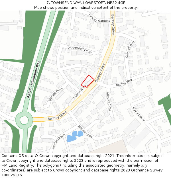 7, TOWNSEND WAY, LOWESTOFT, NR32 4GF: Location map and indicative extent of plot